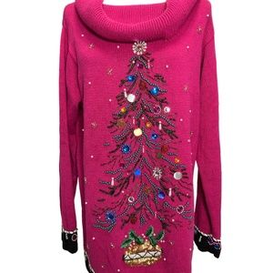 Vintage Christmas Sweater Magenta Jewels Beads 1990s Long Tunic Length Size XL